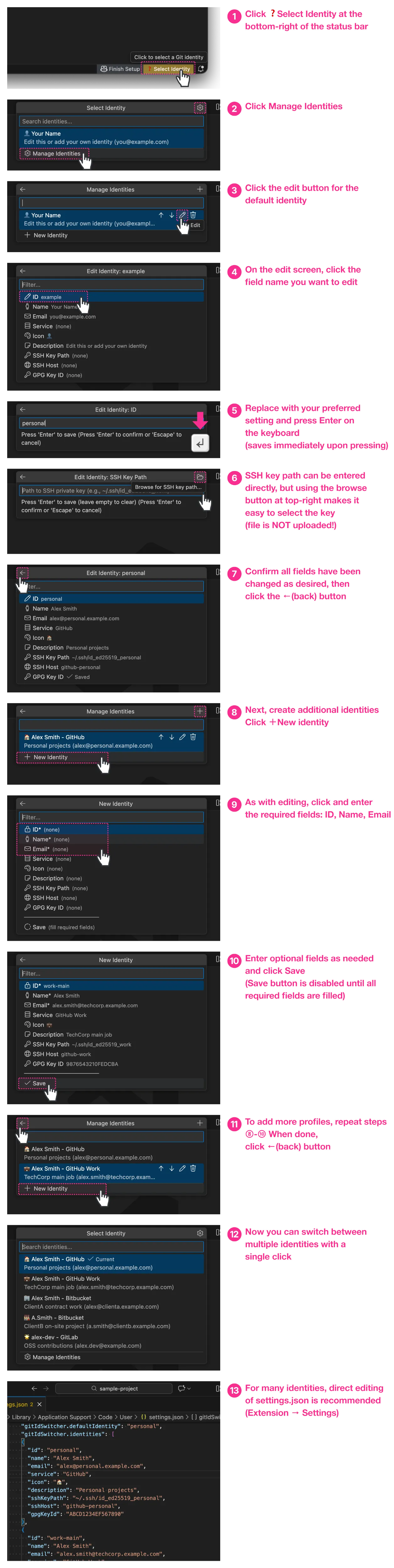 Initial setup steps: Open identity management from status bar, then edit and create identities
