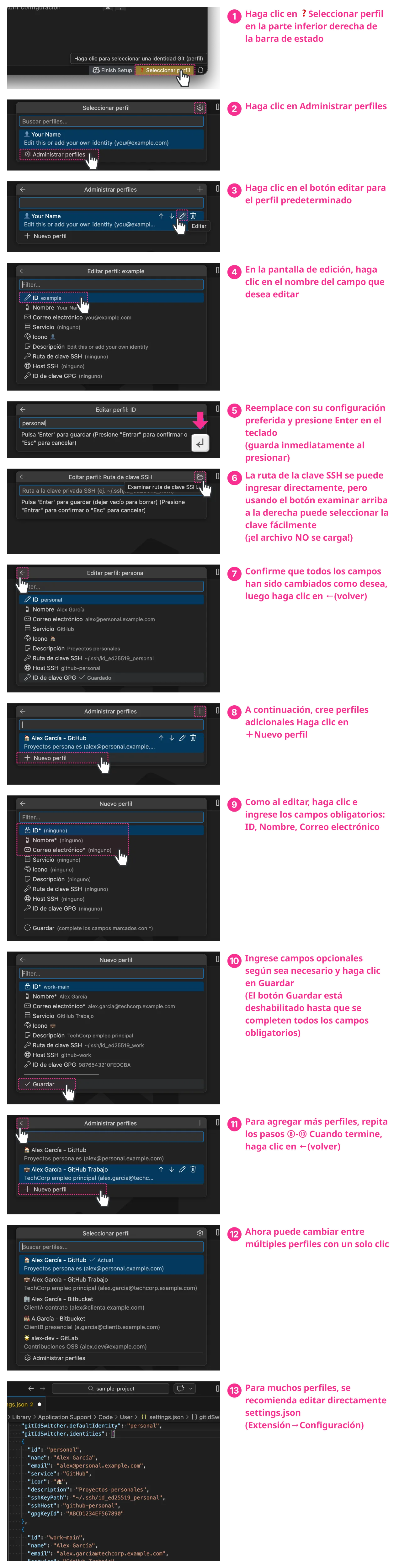 Configuración inicial (13 pasos): abrir la gestión de perfiles desde la barra de estado, editar y crear nuevos perfiles