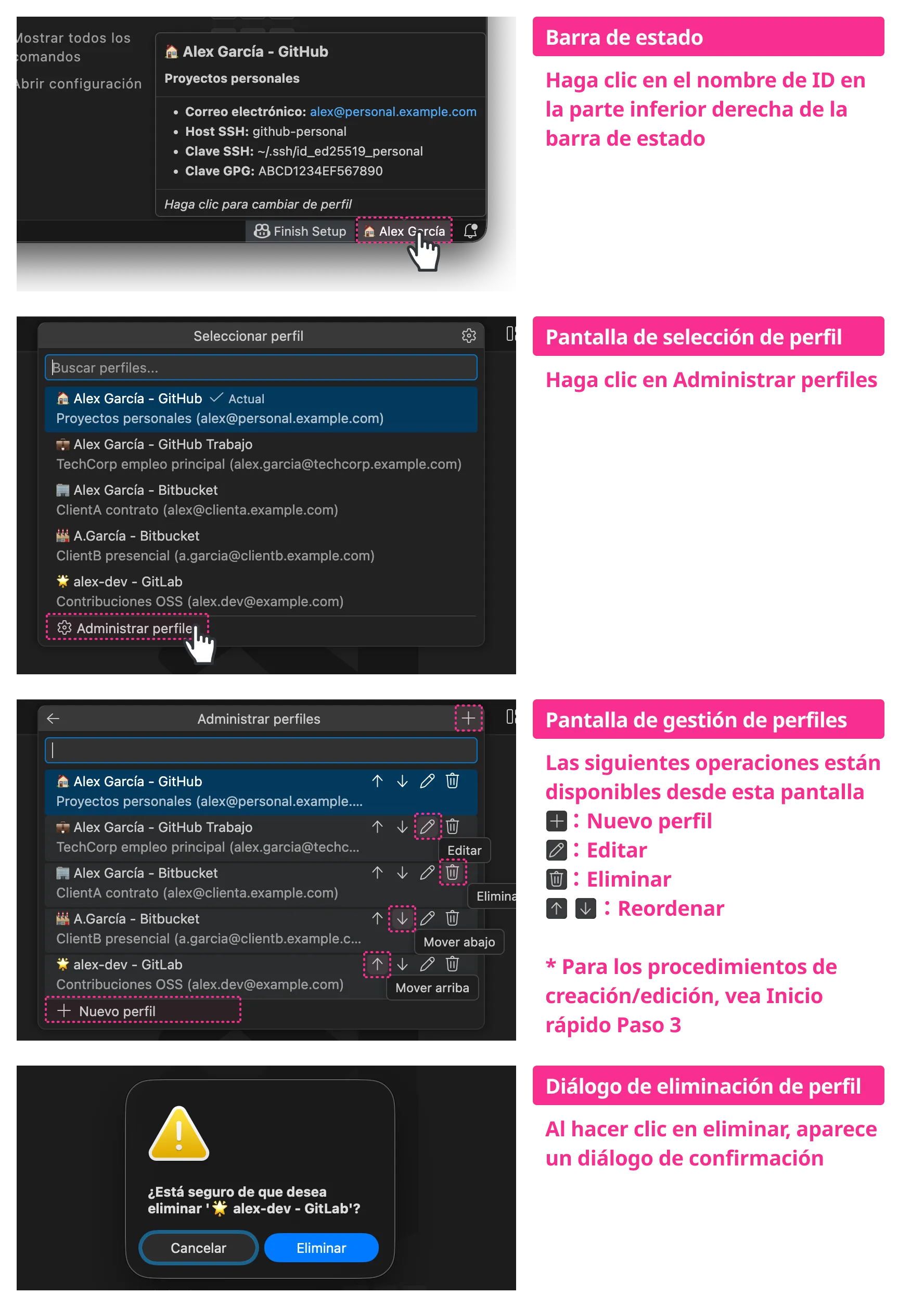 Gestión de perfiles: guía de eliminación y reordenación
