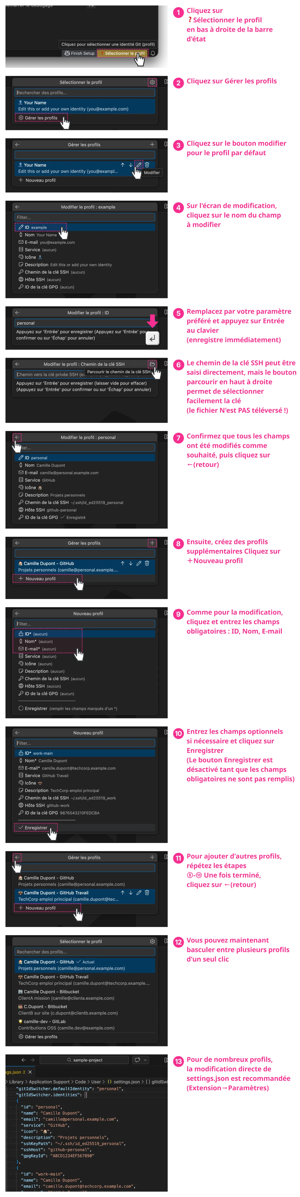 Configuration initiale : ouvrir la gestion des profils depuis la barre d'état, puis modifier et créer de nouveaux profils