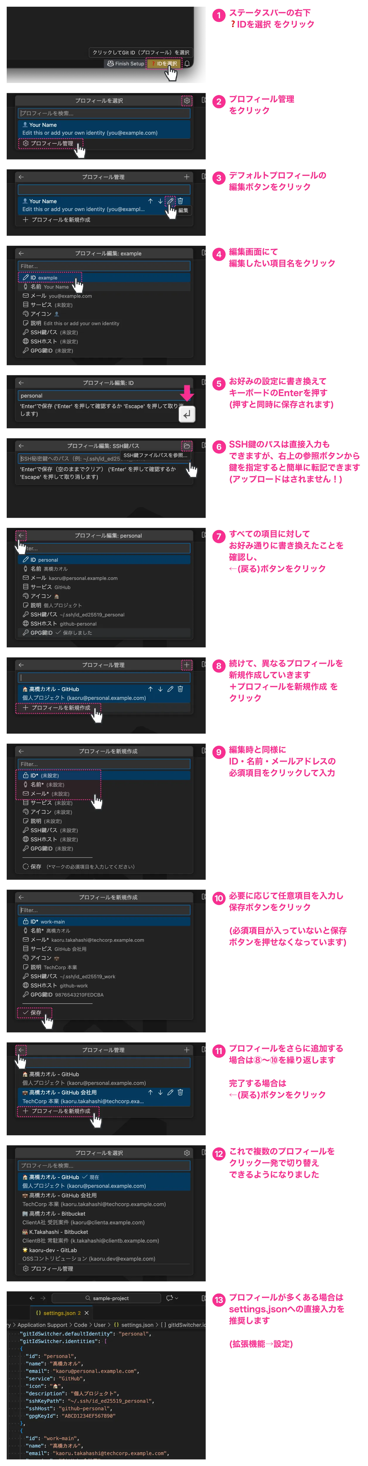 初回セットアップ手順(13ステップ):ステータスバーからプロフィール管理を開き、編集・新規作成を行う流れ