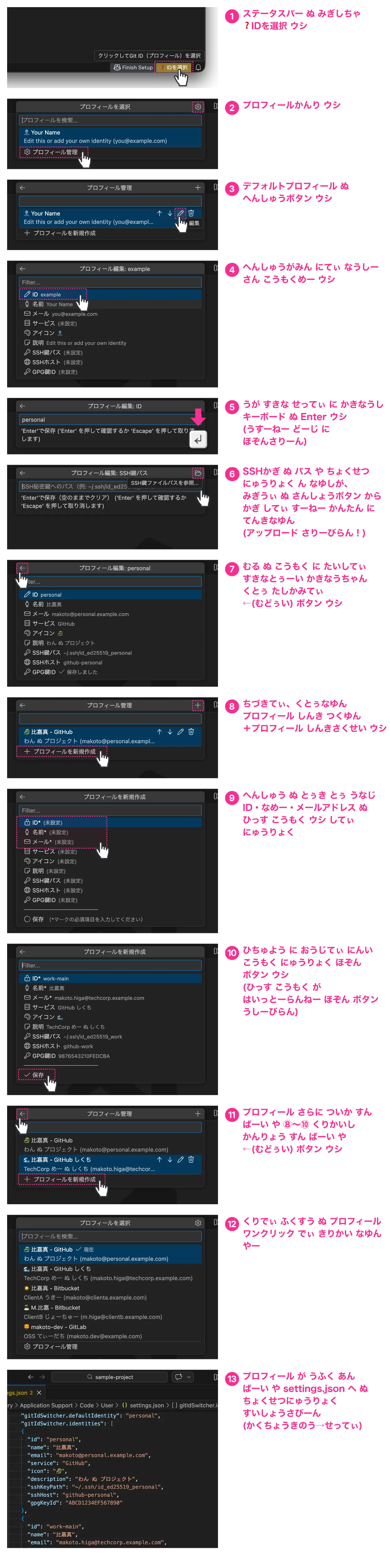 初回セットアップ手順（13ステップ）：ステータスバーからプロフィール管理開ちゅん、編集・新規作成すーる流れ