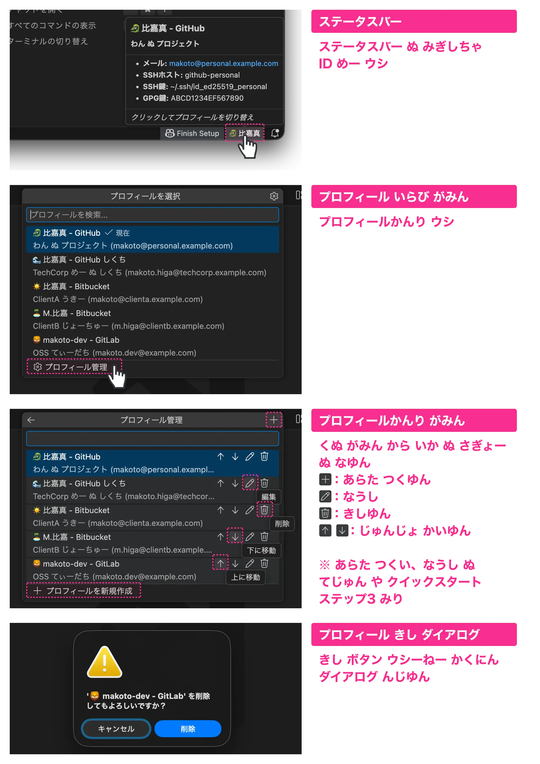 プロフィール管理：削除・並べ替えぬ操作ガイド