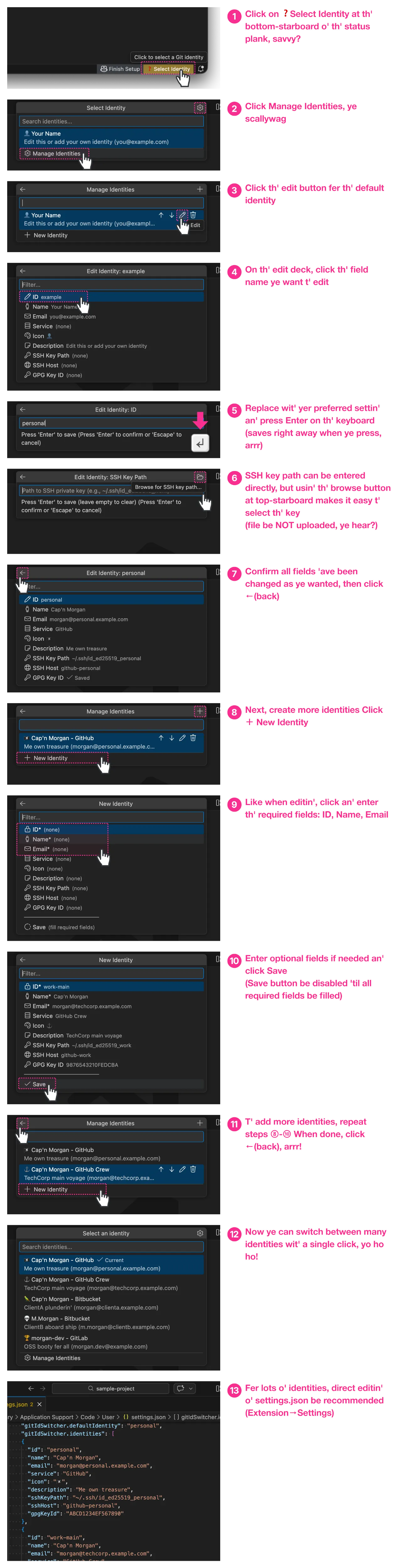 First setup steps (13): Open profile management from status bar, edit an' create new profiles